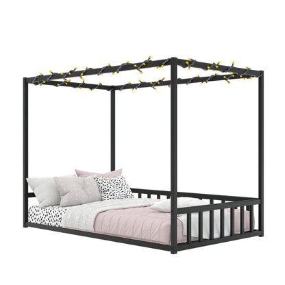 Twin size sunshade floor bed, iron double-size bed frame, modern low-profile double-size bed, equipped with fence-style guardrails, black series image 4