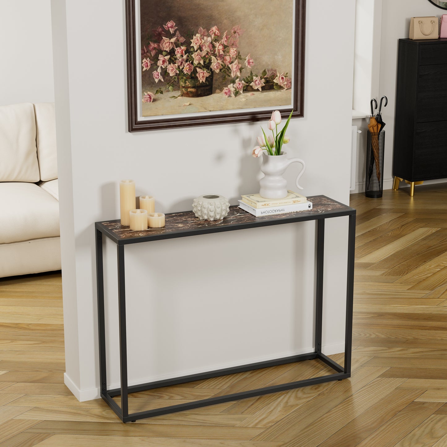Narrow console table, high-end edge wrapped foyer table, entrance, industrial corridor table, living room, foyer, rural brown and black image 1