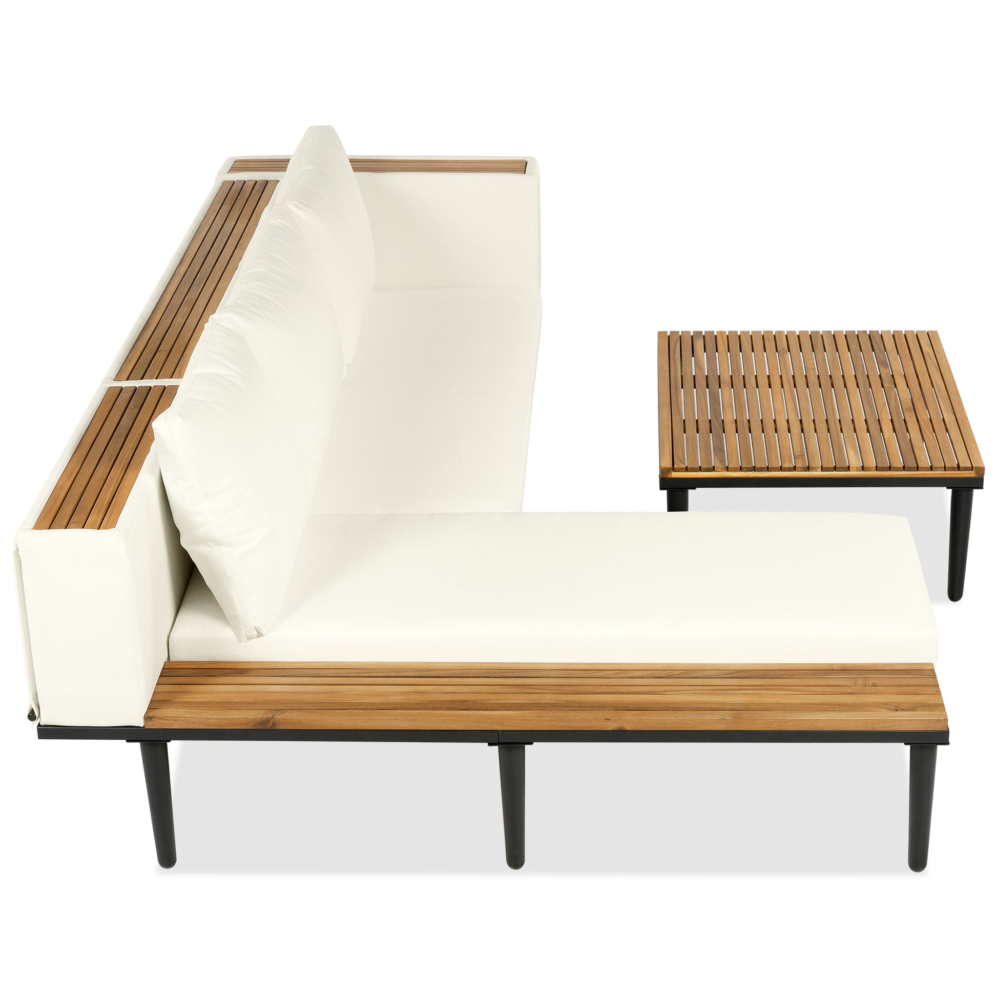 <Old SKU: N704G201251A>Luxury Patio Furniture Set with Removable Cushions and Coffee Table, L-Shaped Acacia Wood Sofa with Side table, Outdoor Conversation Sectional Sofa for Backyard, Porch, Beige image 8