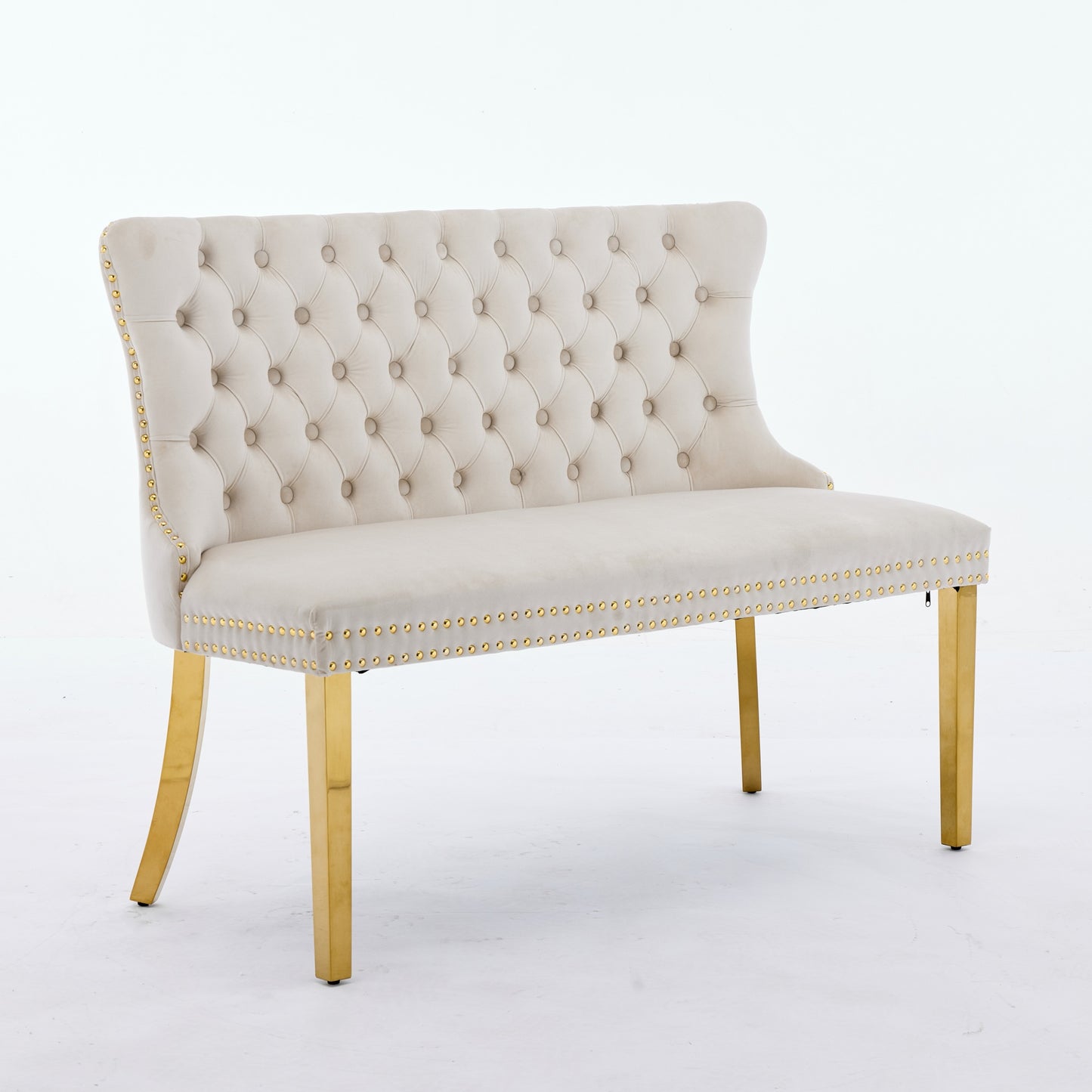 Velvet Double Dining Loveseat Bench, Kitchen & Dining Seating, 2-Seat Tufted Bench w/Handmade Buttons, Wing Back, Gold-Plated Steel Legs, Mid Century Modern,Single Pack,Beige,SW1602BG image 3