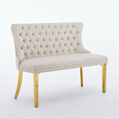 Velvet Double Dining Loveseat Bench, Kitchen & Dining Seating, 2-Seat Tufted Bench w/Handmade Buttons, Wing Back, Gold-Plated Steel Legs, Mid Century Modern,Single Pack,Beige,SW1602BG image 3