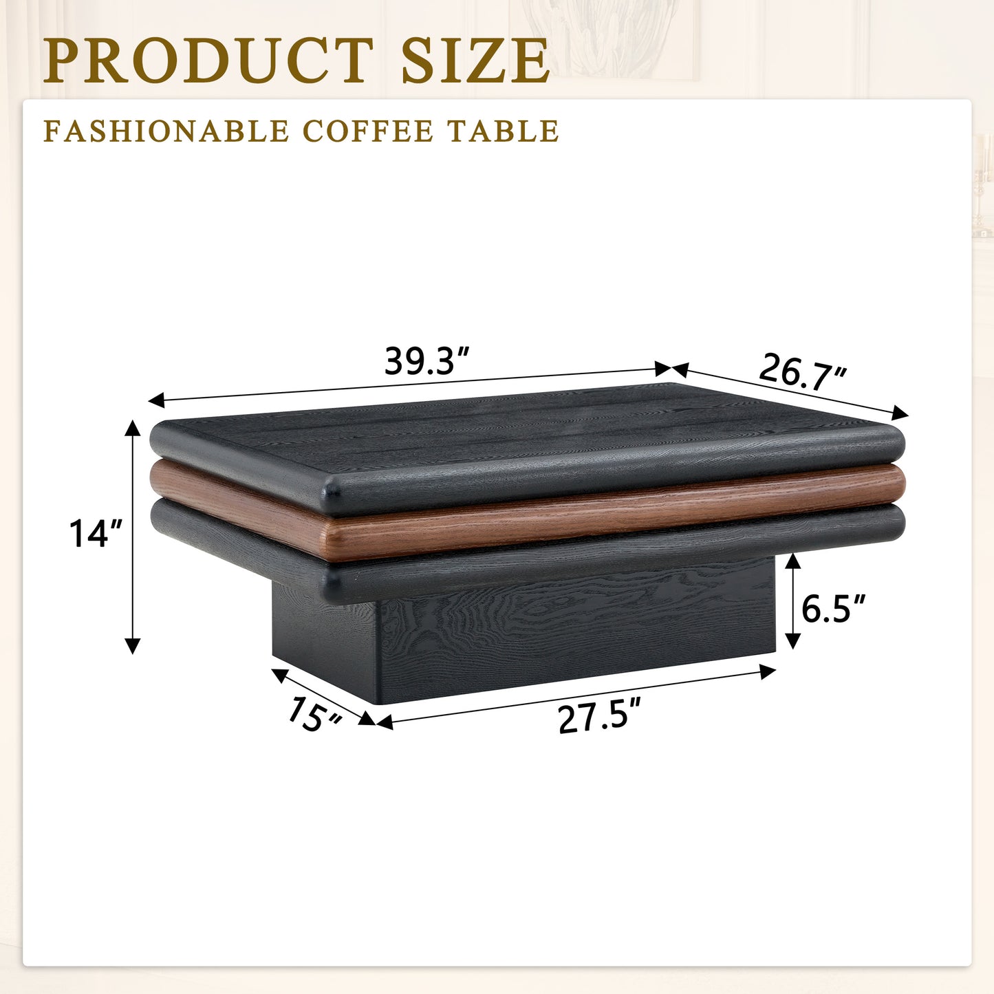Modern 3-Tier Stacked Rectangular Coffee Table, MDF with Wood Veneer, Walnut & Black Accent Center Table for Living Room image 5