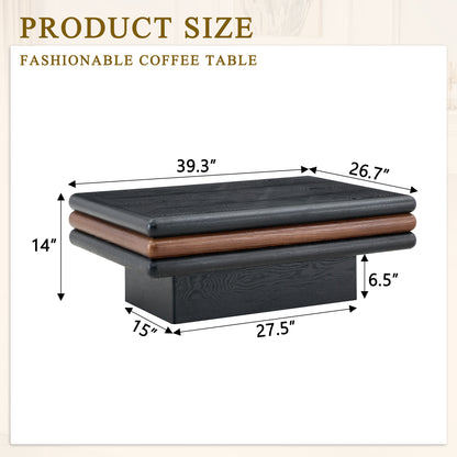 Modern 3-Tier Stacked Rectangular Coffee Table, MDF with Wood Veneer, Walnut & Black Accent Center Table for Living Room image 5