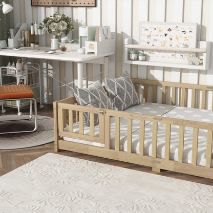 Full Size Floor Bed with Fence and Door,Rubber Wood Floor Bed with Safety Guardrails,Natural (Old Sku W504P286380) image 4