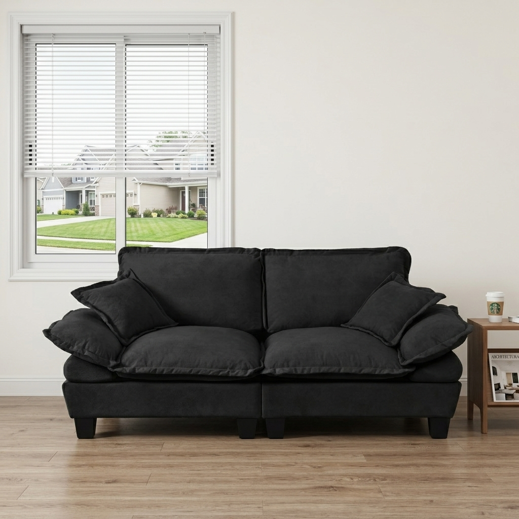 Chenille Sailboat Sofa, 2-Seater Modular Loveseat with Curved Armrests, Comfort-First Couch for Small Spaces & Apartments, Black image 1