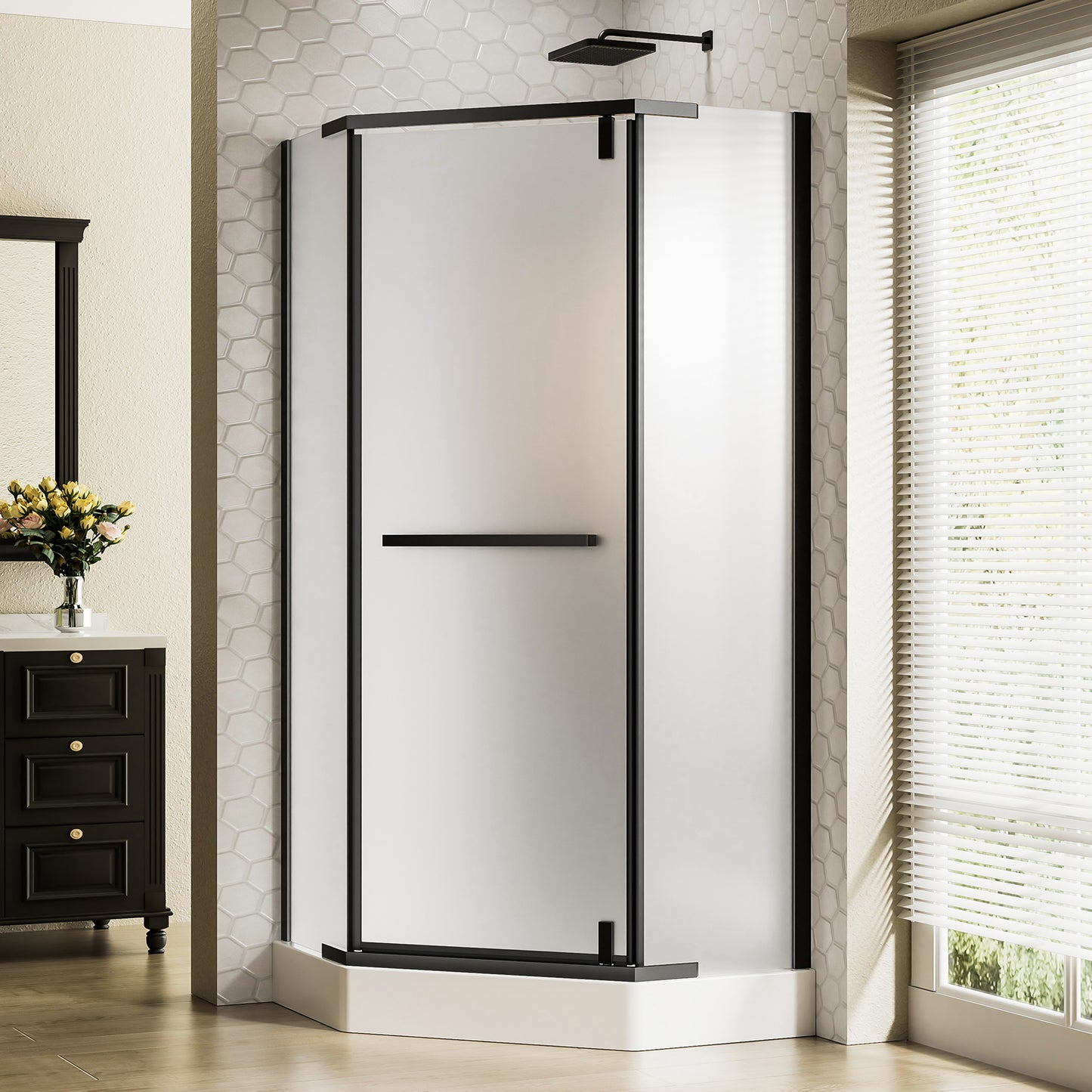 36"D X 36"W X 72"H Neo-Angle Shower Door, Corner Shower Door, 1/4" Tempered Glass With Frosted Ultra-Clear Nano-Coated, Black Stainless Steel Frame image 1