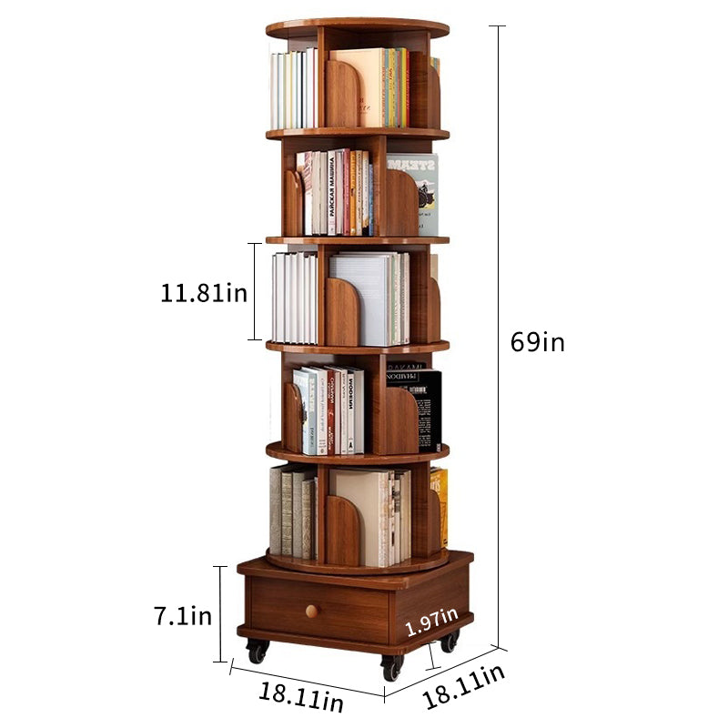 (UPGRADED) Rotating Bookshelf, 360 Display Corner Bookshelf for Small Space, 6 Tier Bookcase Storage Rack with Wheels, Wood Narrow Organizer for Bedroom, Living Room, Study Room, Walnut Brown image 10