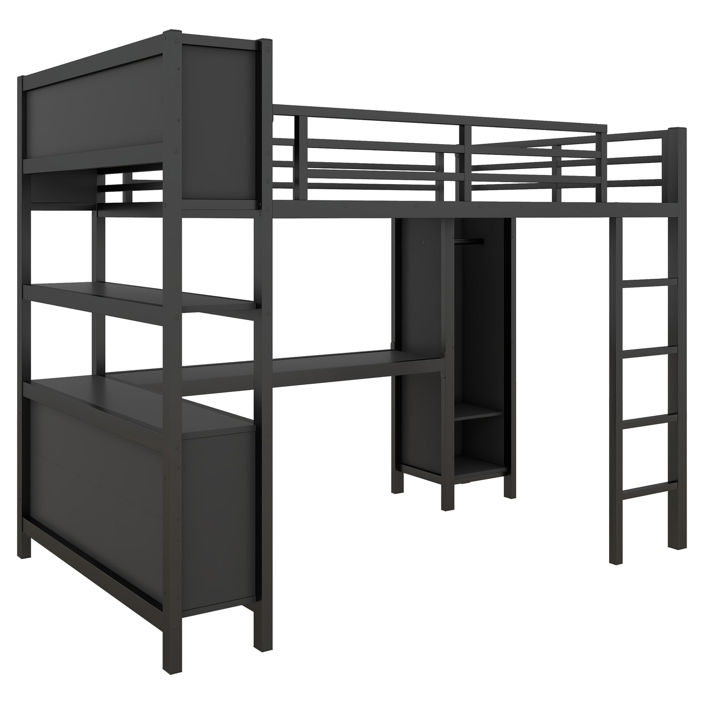 Metal Loft Bed with Wardrobe And L-shaped Desk, Full Size Loft Bed with Storage Cubes and Shelves, Heavy Duty Loft Bed for Kids Teens Adults, Black image 8