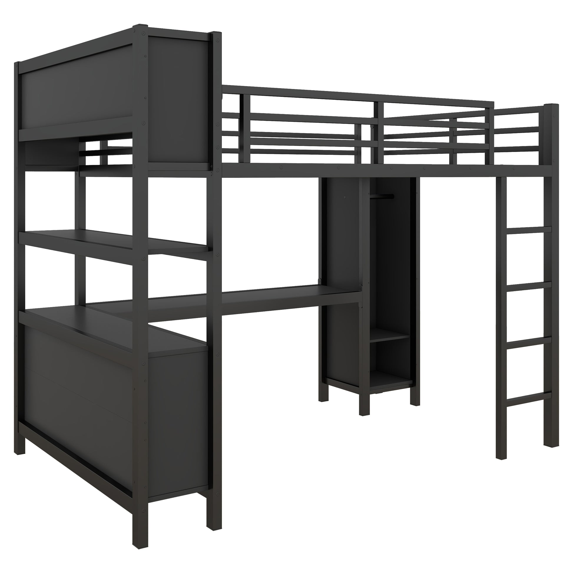 Metal Loft Bed with Wardrobe And L-shaped Desk, Full Size Loft Bed with Storage Cubes and Shelves, Heavy Duty Loft Bed for Kids Teens Adults, Black image 8