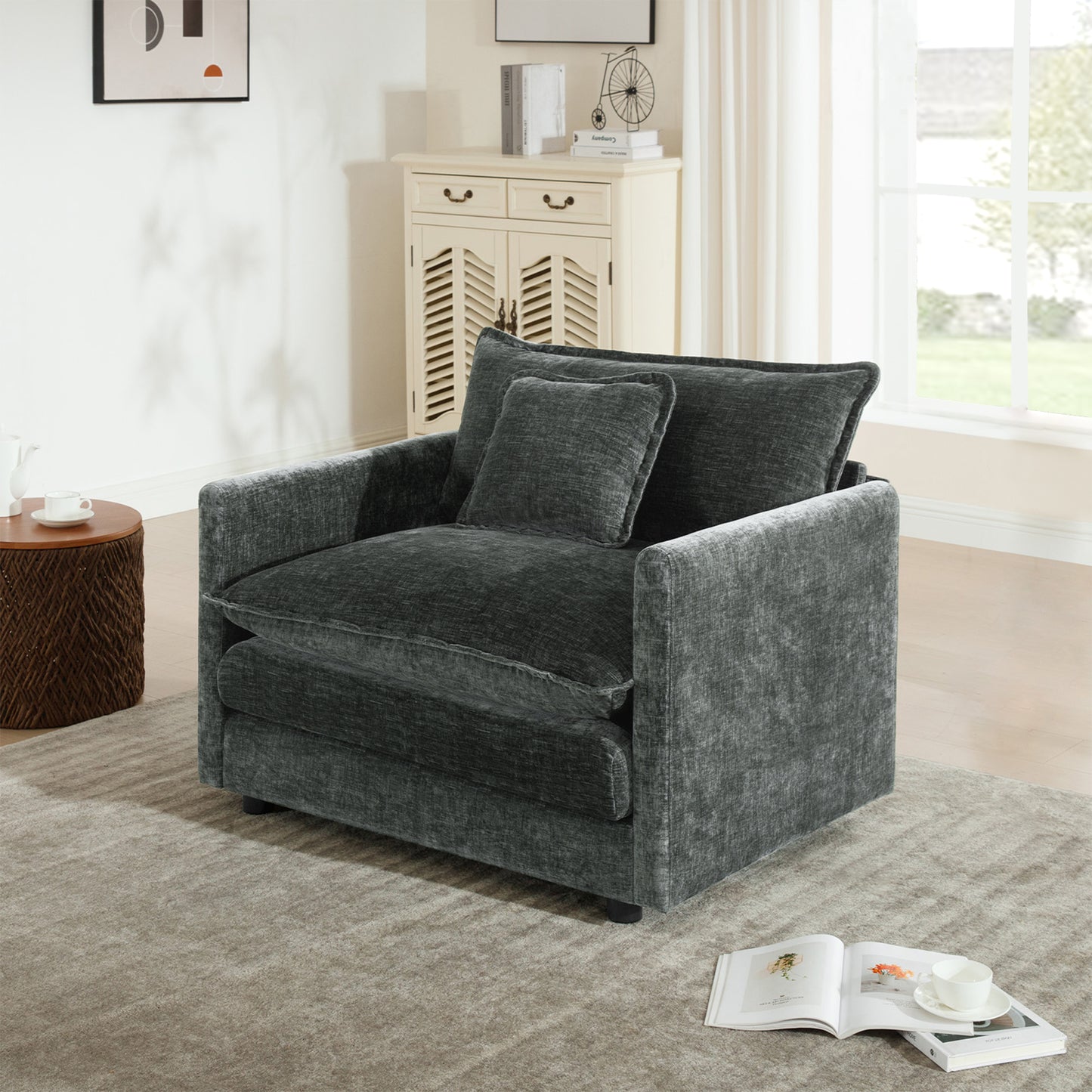 Comfy Deep Single Seat Sofa Upholstered Reading Armchair Living Room Chair Gray Chenille Fabric, 1 Toss Pillow image 1