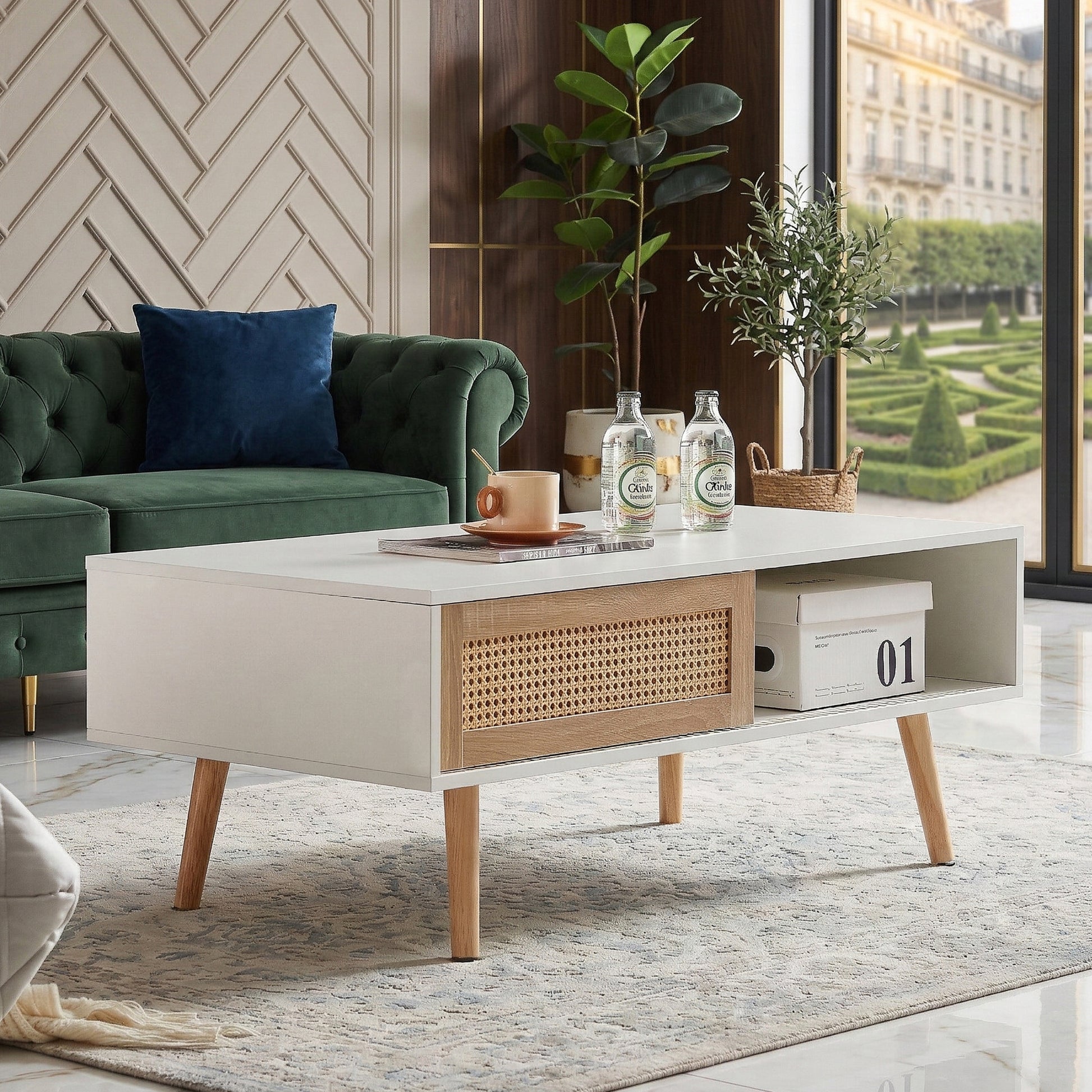41.34" Rattan Coffee table, sliding door for storage, solid wood legs, Modern table for living room,White image 4