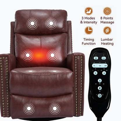 Wine Red Genuine Leather Heat Massage Manual Recliner Chair with Rocker and Swivel for Living Room image 9