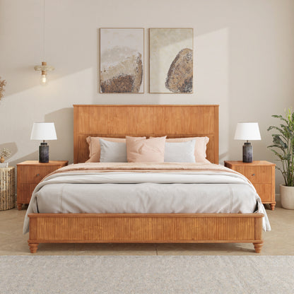 Solid Wood Bed Frame,King Platform Bed Frame with Headboard,Tall Headboard Natural Wood Bed,No Box Spring Needed,Natural image 1