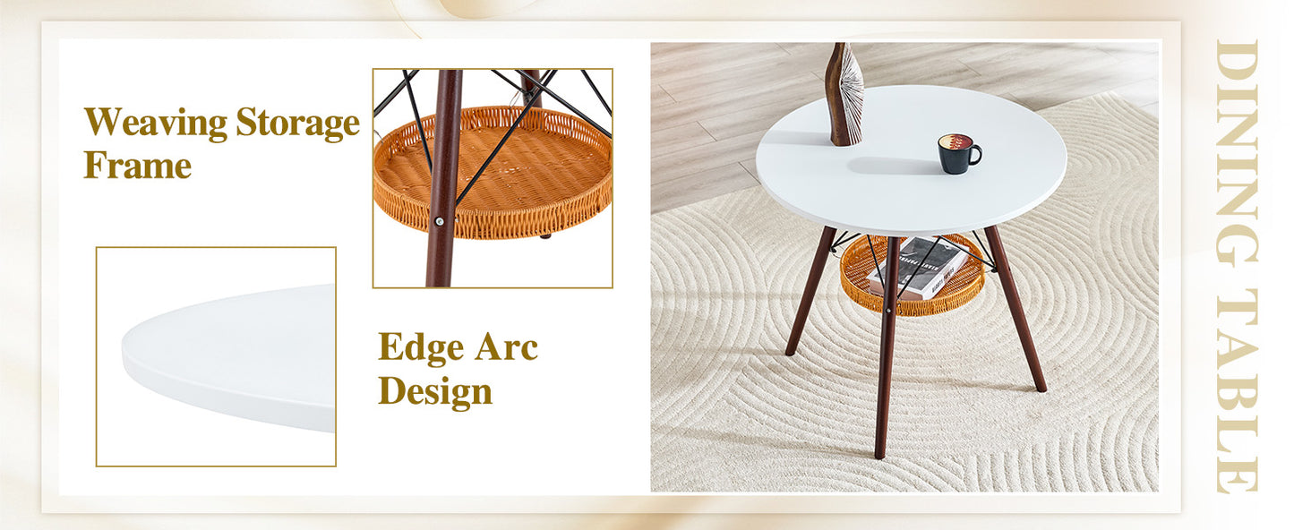 31.5-inch diameter circular dining table, white MDF vacuum formed tabletop, walnut solid wood legs, with suspended woven storage basket structure. A casual coffee table suitable for 2-4 people. image 11