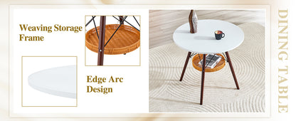 31.5-inch diameter circular dining table, white MDF vacuum formed tabletop, walnut solid wood legs, with suspended woven storage basket structure. A casual coffee table suitable for 2-4 people. image 11