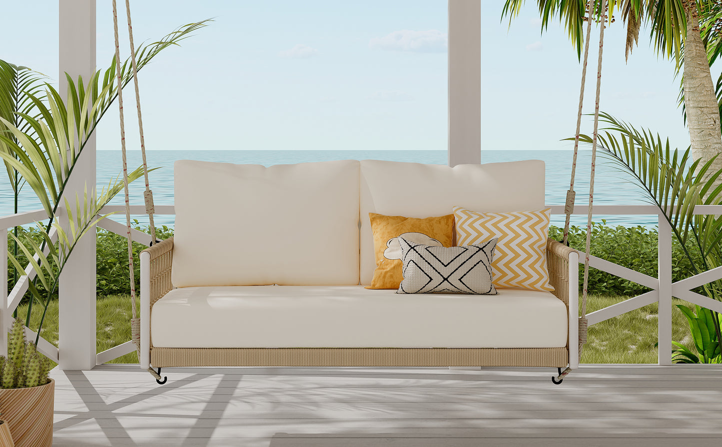 TREXM 1-Piece Woven Rope Outdoor Swing Sofa with Soft Cushions Seating 2 for Patio, Courtyard and Balcony (Beige) image 6