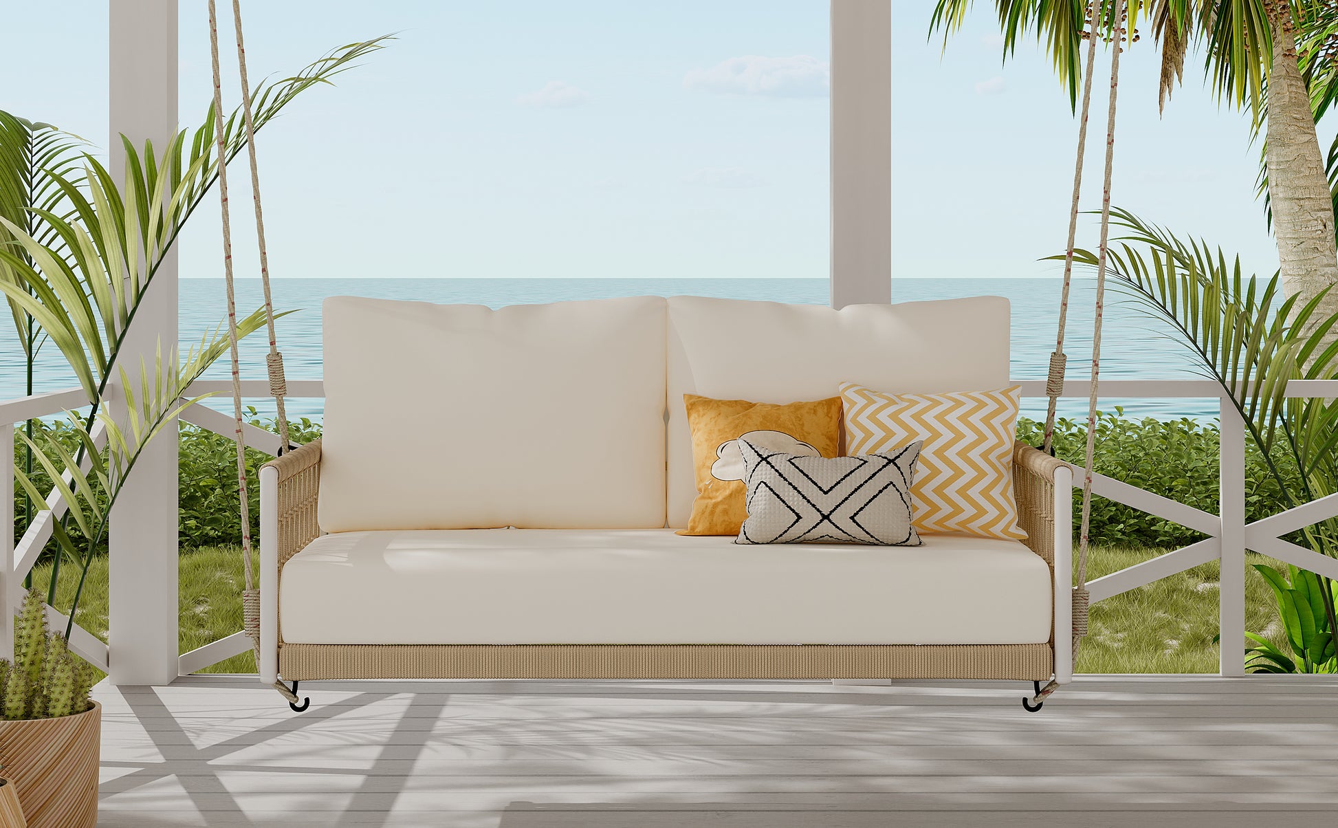 TREXM 1-Piece Woven Rope Outdoor Swing Sofa with Soft Cushions Seating 2 for Patio, Courtyard and Balcony (Beige) image 6