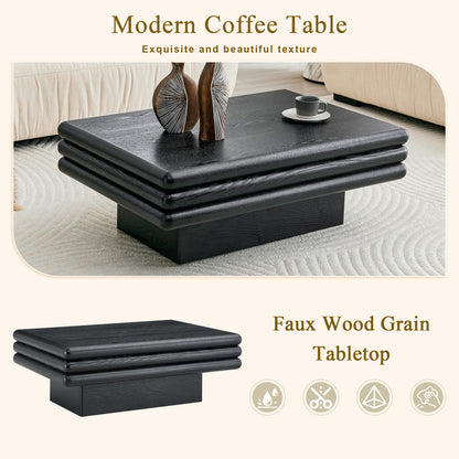 Modern 3-Tier Stacked Rectangular Coffee Table, MDF with Wood Veneer,Black Accent Center Table for Living Room image 6