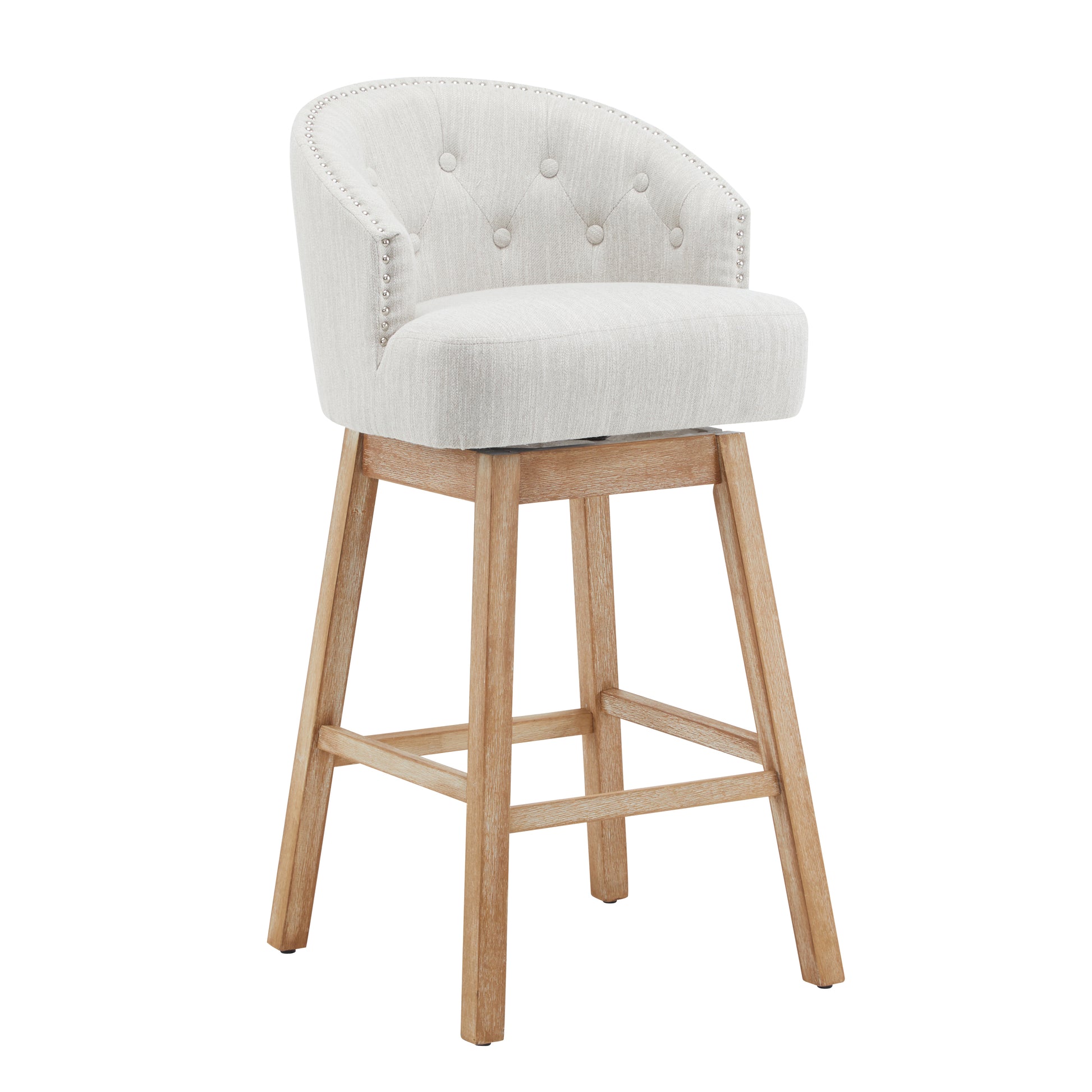 33.25" Swivel Counter Stools Set of 2, Upholstered Counter Height Bar Stools with Solid Rubber Wood Frame, Backrest, Footrest, Armless Barstools for Home Bar, Kitchen Counter, Natural + Beige image 9