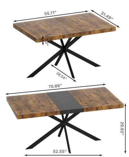 55.11" -70.86"Retro Rectangular Stretch Dining Table, Antique Wood Top And Black Relief Plate, Black Fine Sand Cross Iro image 12