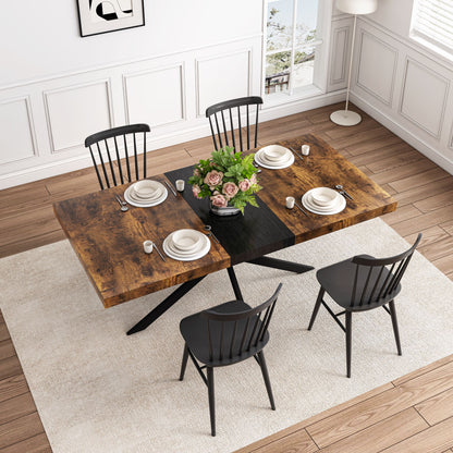 55.11" -70.86"Retro Rectangular Stretch Dining Table, Antique Wood Top And Black Relief Plate, Black Fine Sand Cross Iro image 2