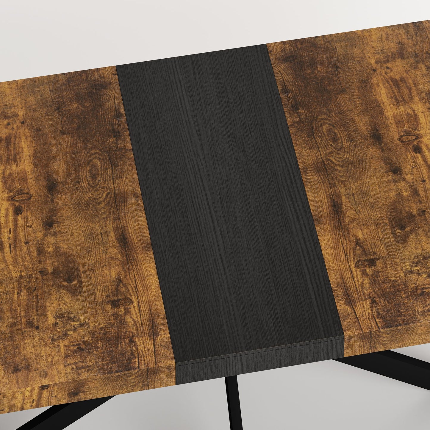 55.11" -70.86"Retro Rectangular Stretch Dining Table, Antique Wood Top And Black Relief Plate, Black Fine Sand Cross Iro image 5