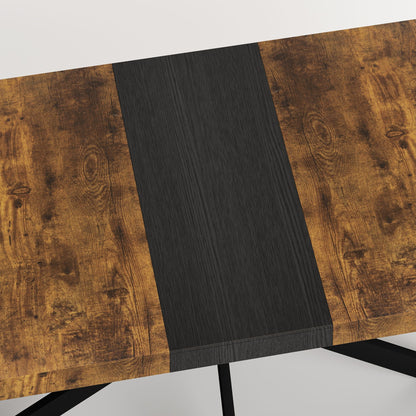 55.11" -70.86"Retro Rectangular Stretch Dining Table, Antique Wood Top And Black Relief Plate, Black Fine Sand Cross Iro image 5
