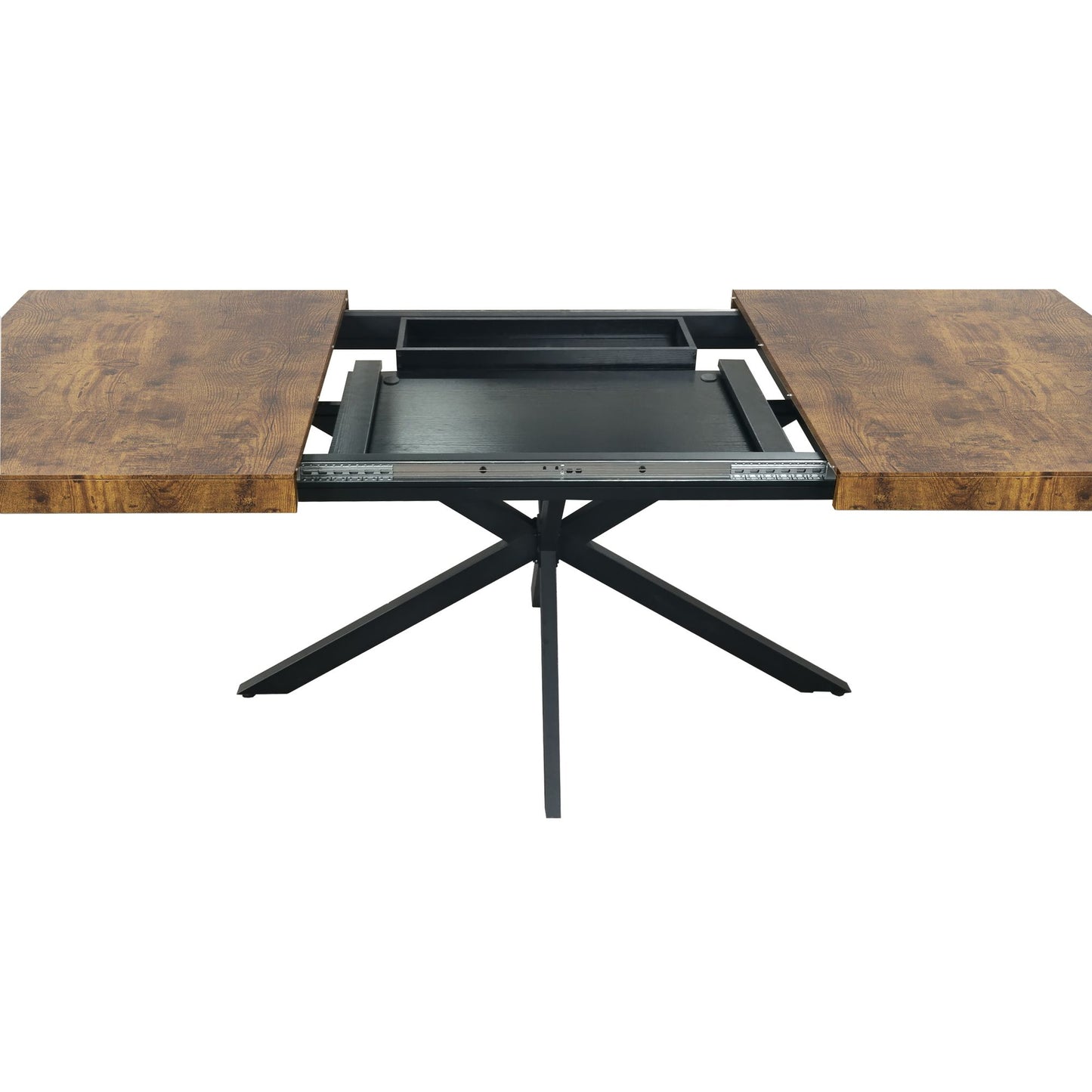 55.11" -70.86"Retro Rectangular Stretch Dining Table, Antique Wood Top And Black Relief Plate, Black Fine Sand Cross Iro image 11