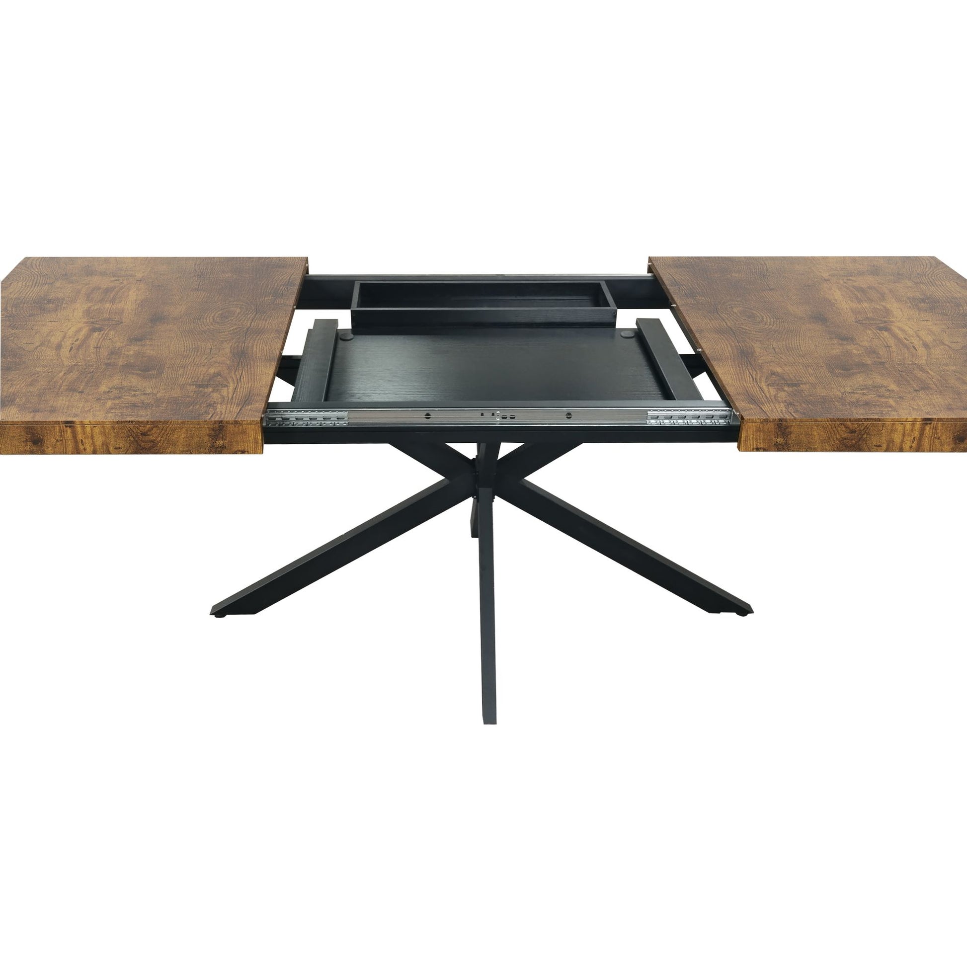 55.11" -70.86"Retro Rectangular Stretch Dining Table, Antique Wood Top And Black Relief Plate, Black Fine Sand Cross Iro image 11