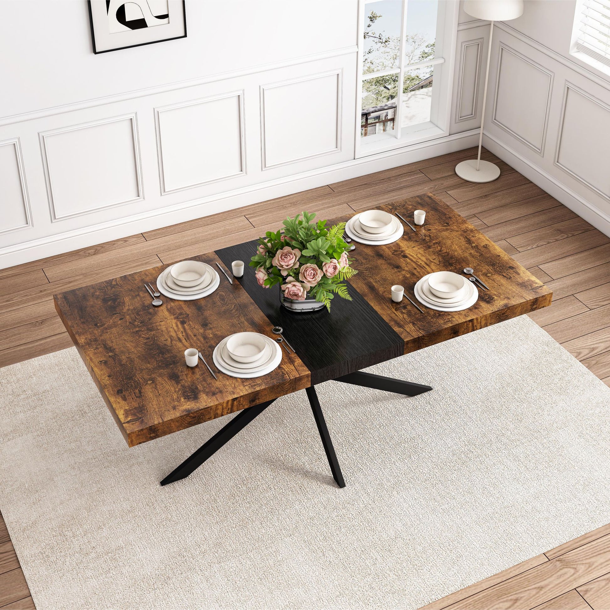 55.11" -70.86"Retro Rectangular Stretch Dining Table, Antique Wood Top And Black Relief Plate, Black Fine Sand Cross Iro image 1