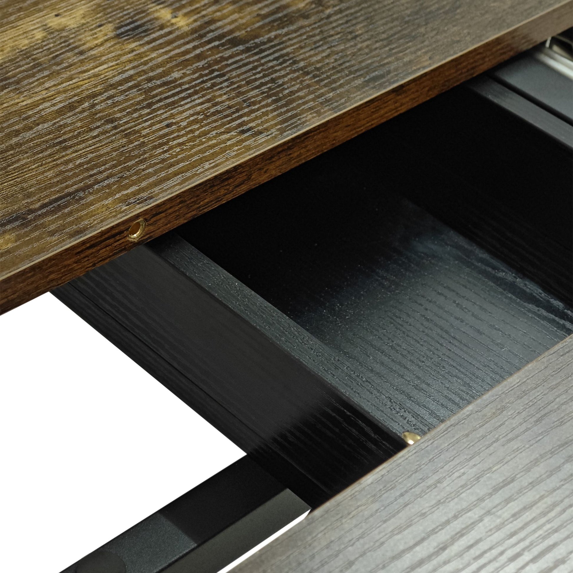 55.11" -70.86"Retro Rectangular Stretch Dining Table, Antique Wood Top And Black Relief Plate, Black Fine Sand Cross Iro image 6