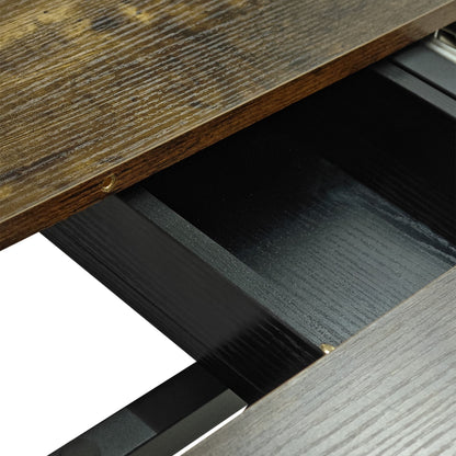 55.11" -70.86"Retro Rectangular Stretch Dining Table, Antique Wood Top And Black Relief Plate, Black Fine Sand Cross Iro image 6