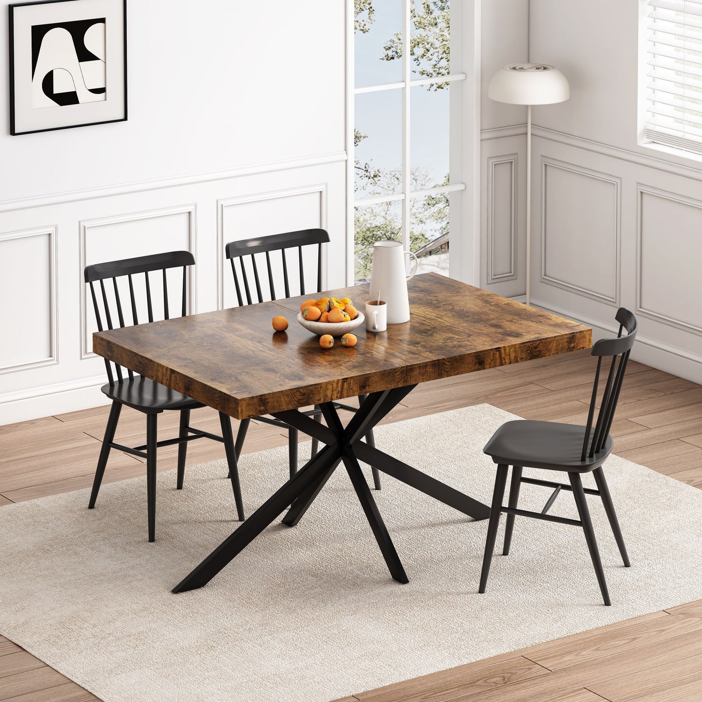 55.11" -70.86"Retro Rectangular Stretch Dining Table, Antique Wood Top And Black Relief Plate, Black Fine Sand Cross Iro image 3
