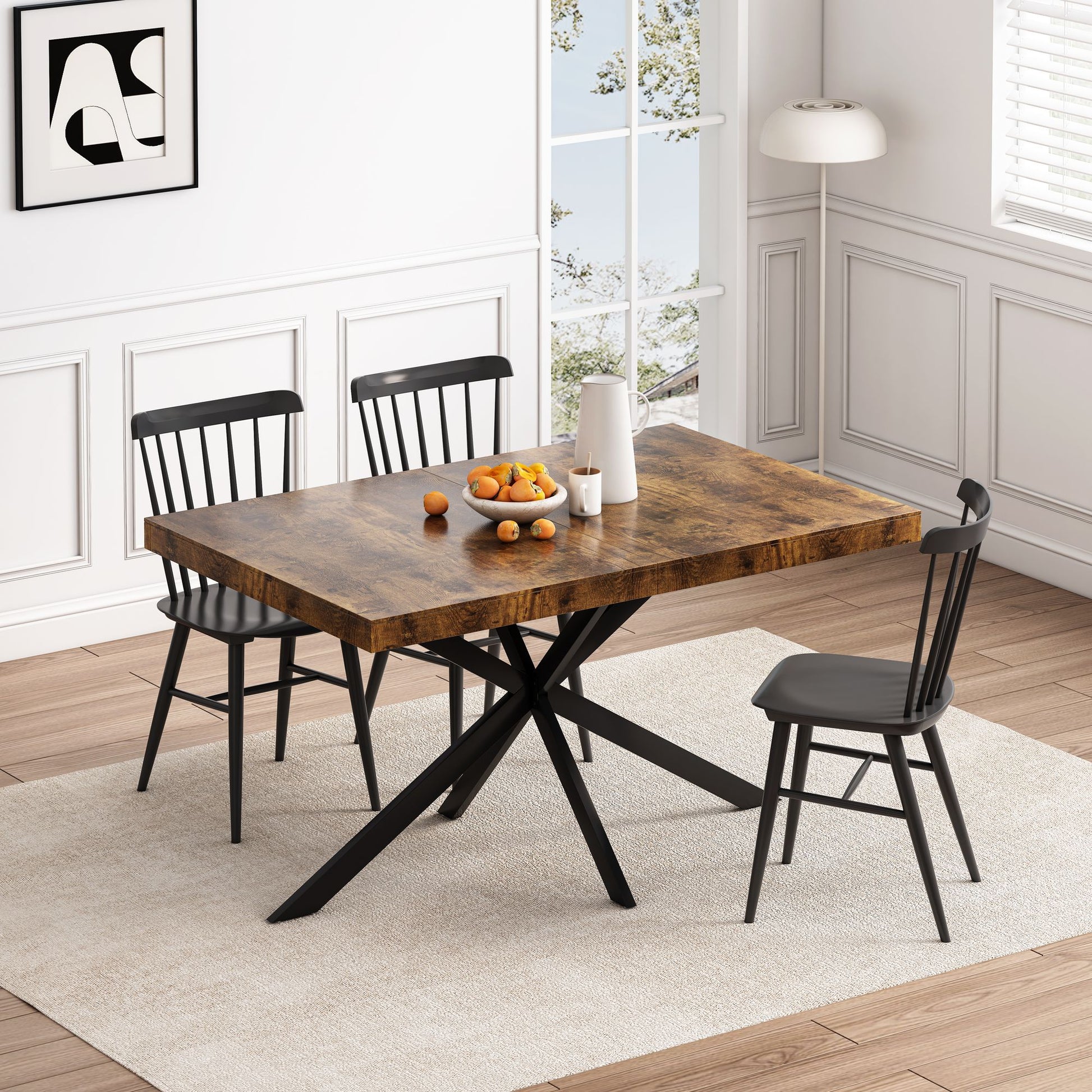 55.11" -70.86"Retro Rectangular Stretch Dining Table, Antique Wood Top And Black Relief Plate, Black Fine Sand Cross Iro image 3
