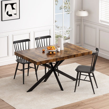 55.11" -70.86"Retro Rectangular Stretch Dining Table, Antique Wood Top And Black Relief Plate, Black Fine Sand Cross Iro image 3