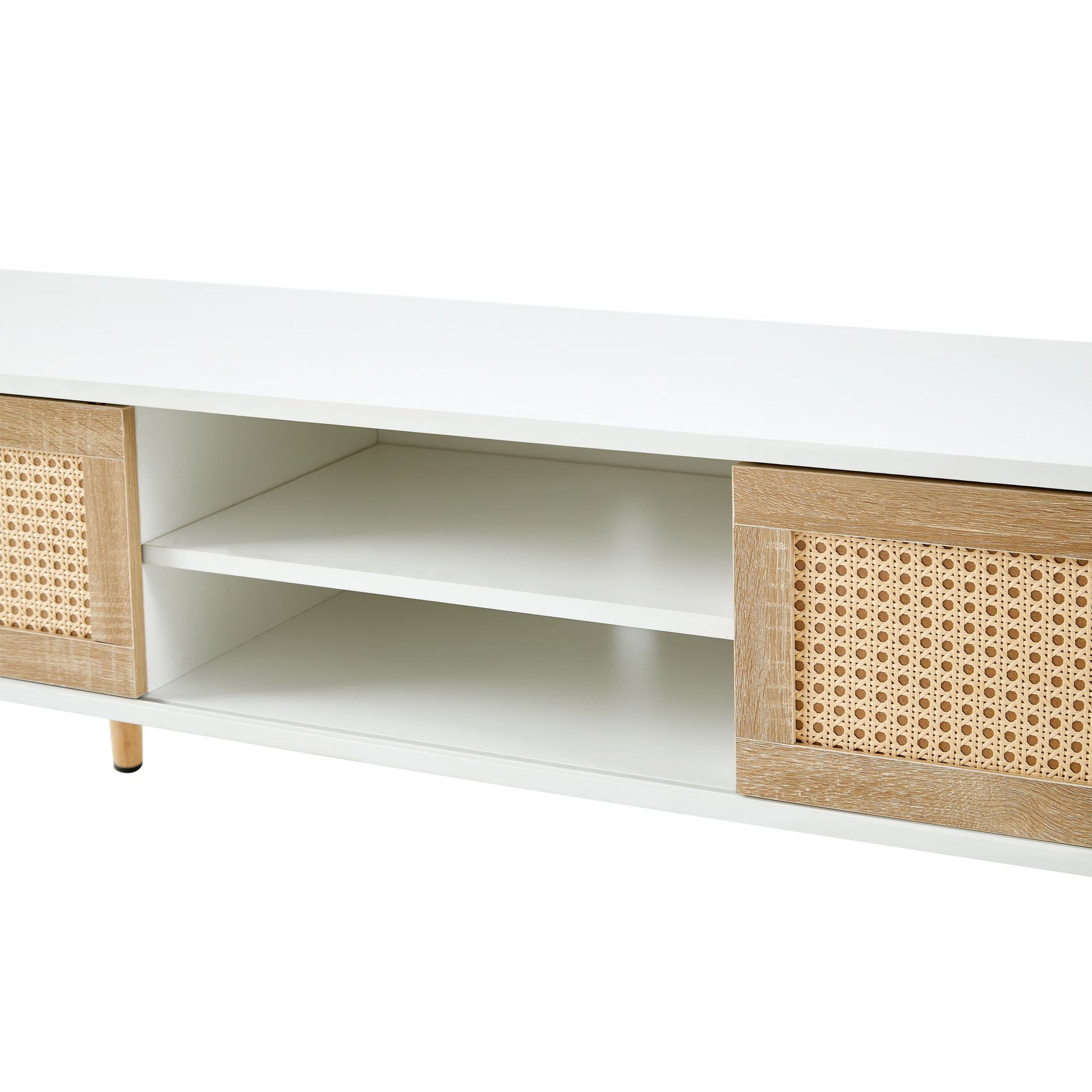 55.12" Rattan TV cabinet, double sliding doors for storage, adjustable shelf, solid wood legs, TV console for living roo image 1