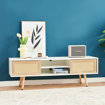 55.12" Rattan TV cabinet, double sliding doors for storage, adjustable shelf, solid wood legs, TV console for living roo image 8