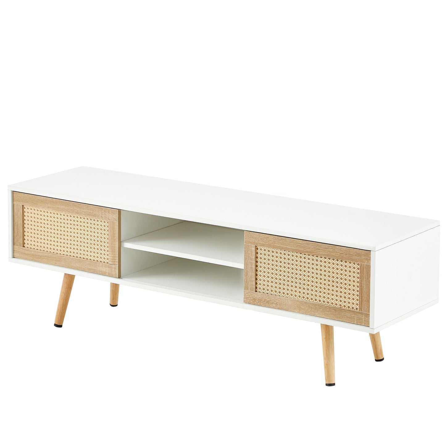 55.12" Rattan TV cabinet, double sliding doors for storage, adjustable shelf, solid wood legs, TV console for living roo image 9