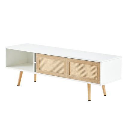 55.12" Rattan TV cabinet, double sliding doors for storage, adjustable shelf, solid wood legs, TV console for living roo image 11