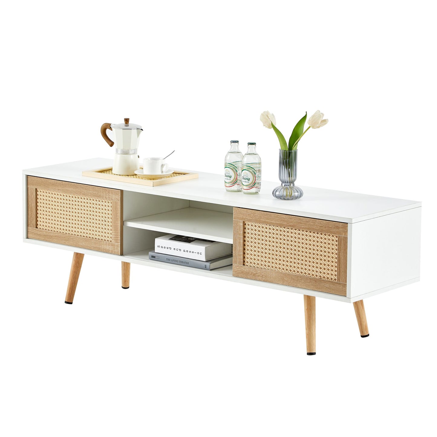 55.12" Rattan TV cabinet, double sliding doors for storage, adjustable shelf, solid wood legs, TV console for living roo image 7