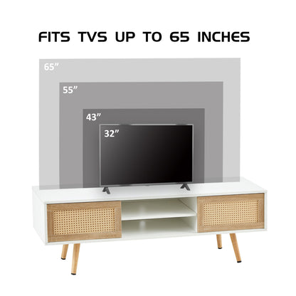 55.12" Rattan TV cabinet, double sliding doors for storage, adjustable shelf, solid wood legs, TV console for living roo image 12