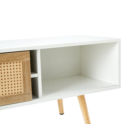 55.12" Rattan TV cabinet, double sliding doors for storage, adjustable shelf, solid wood legs, TV console for living roo image 3