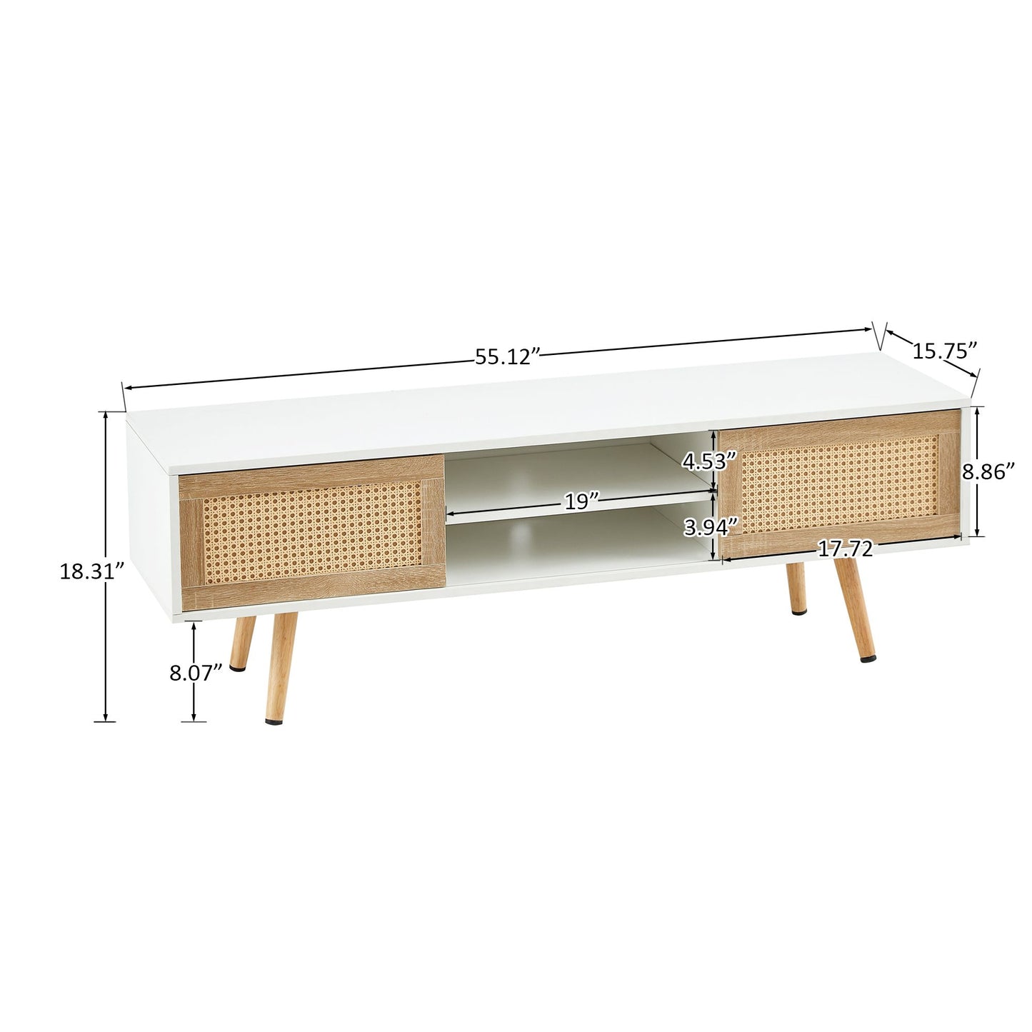 55.12" Rattan TV cabinet, double sliding doors for storage, adjustable shelf, solid wood legs, TV console for living roo image 13