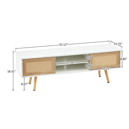 55.12" Rattan TV cabinet, double sliding doors for storage, adjustable shelf, solid wood legs, TV console for living roo image 13