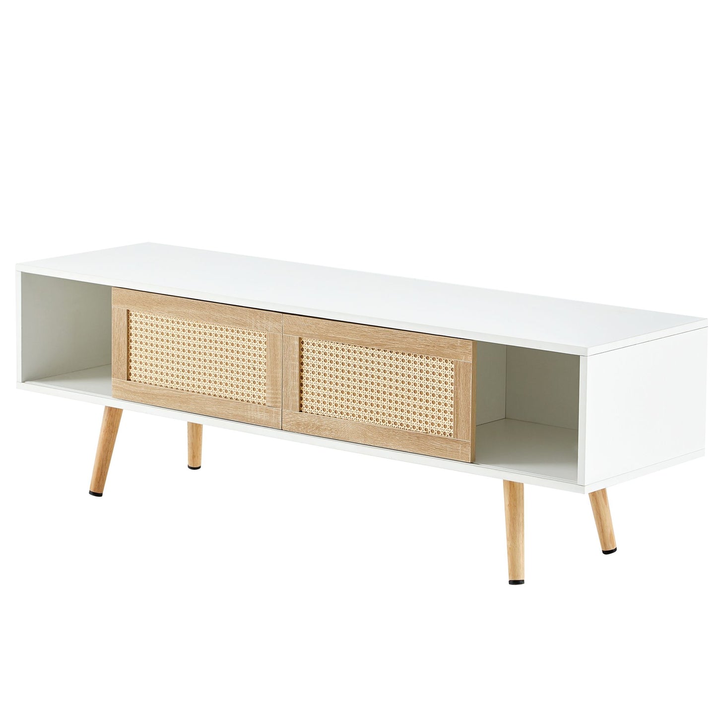 55.12" Rattan TV cabinet, double sliding doors for storage, adjustable shelf, solid wood legs, TV console for living roo image 10
