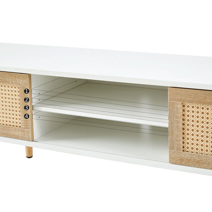 55.12" Rattan TV cabinet, double sliding doors for storage, adjustable shelf, solid wood legs, TV console for living roo image 15