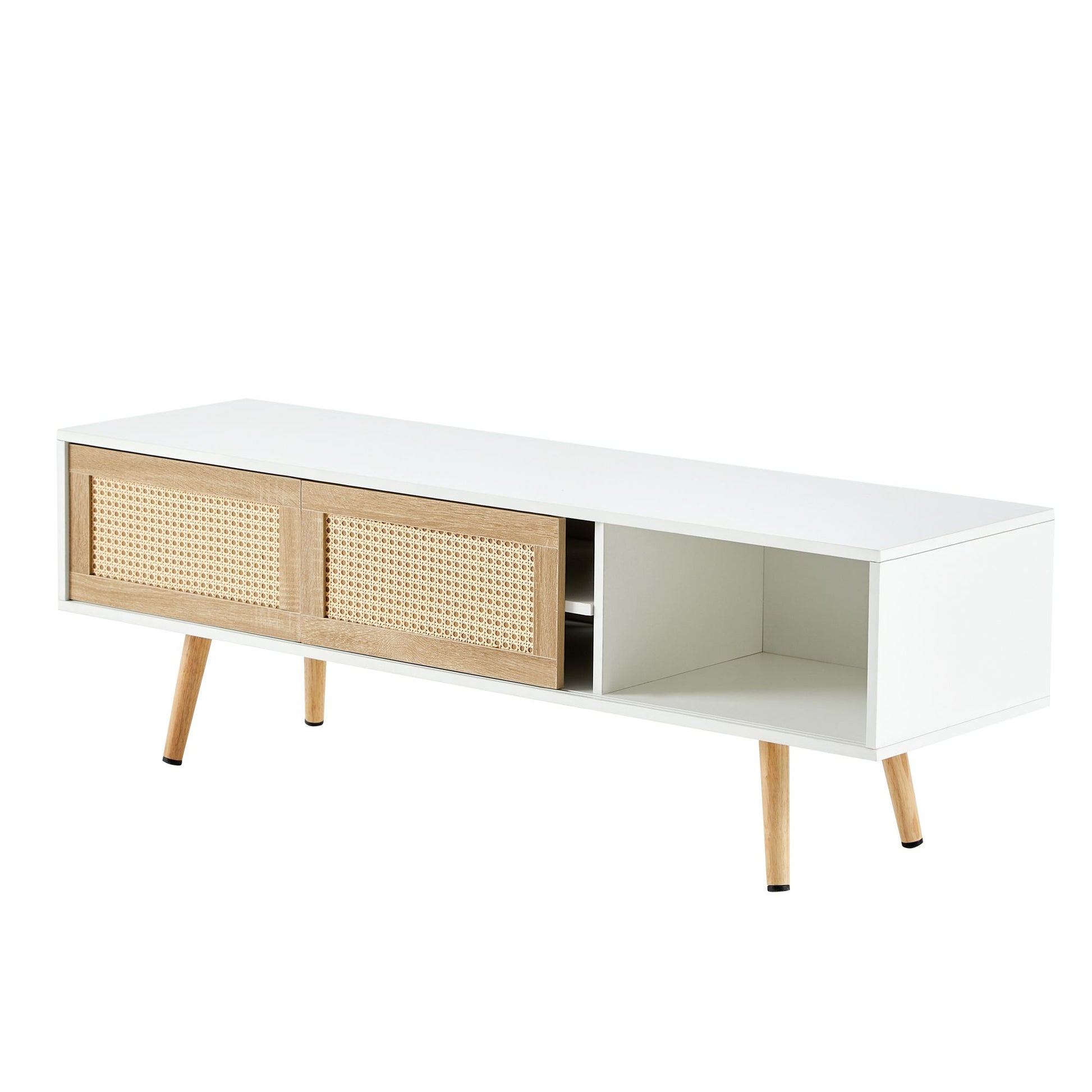 55.12" Rattan TV cabinet, double sliding doors for storage, adjustable shelf, solid wood legs, TV console for living roo image 14