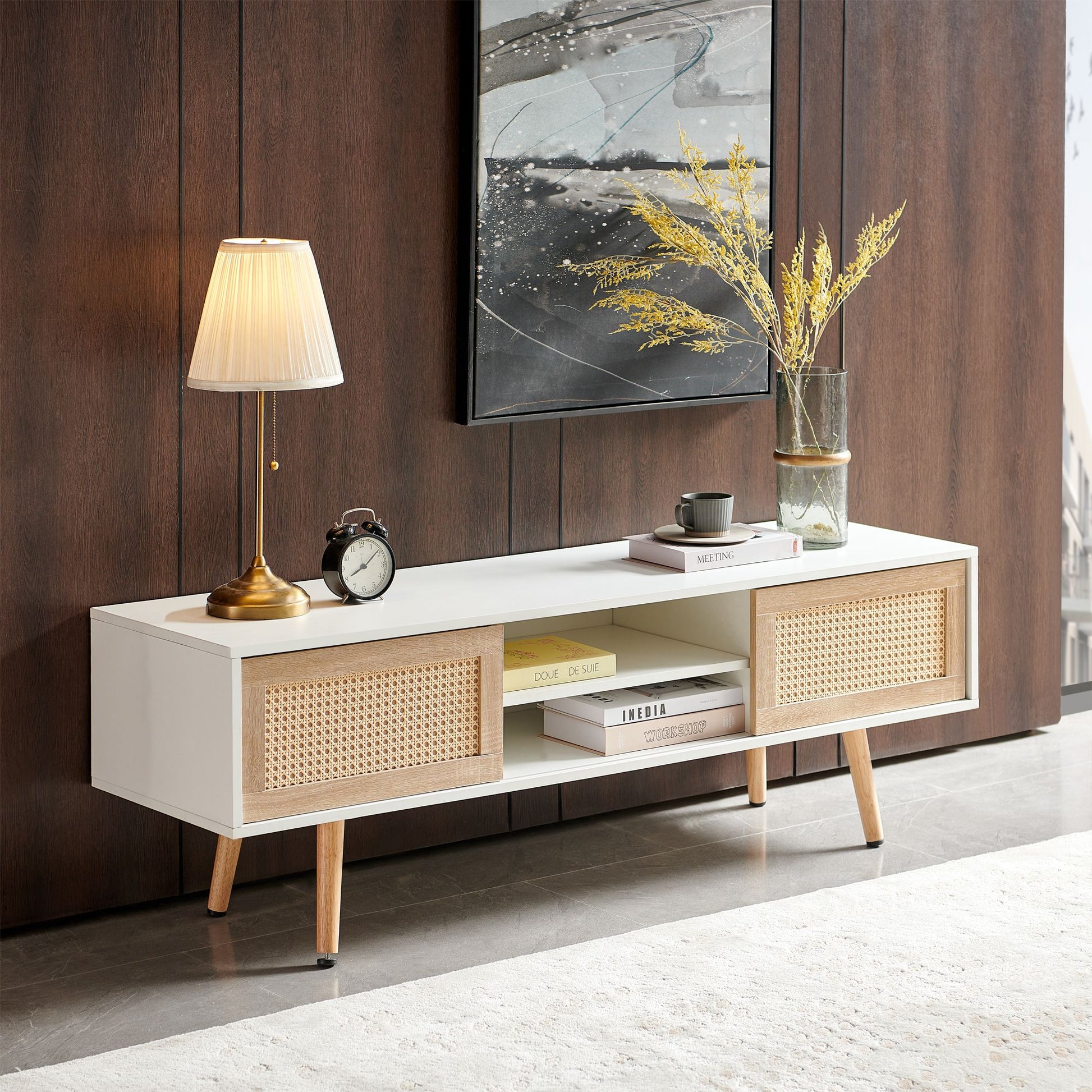 55.12" Rattan TV cabinet, double sliding doors for storage, adjustable shelf, solid wood legs, TV console for living roo image 6