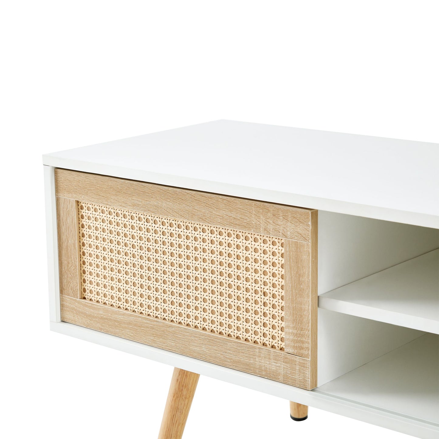 55.12" Rattan TV cabinet, double sliding doors for storage, adjustable shelf, solid wood legs, TV console for living roo image 17