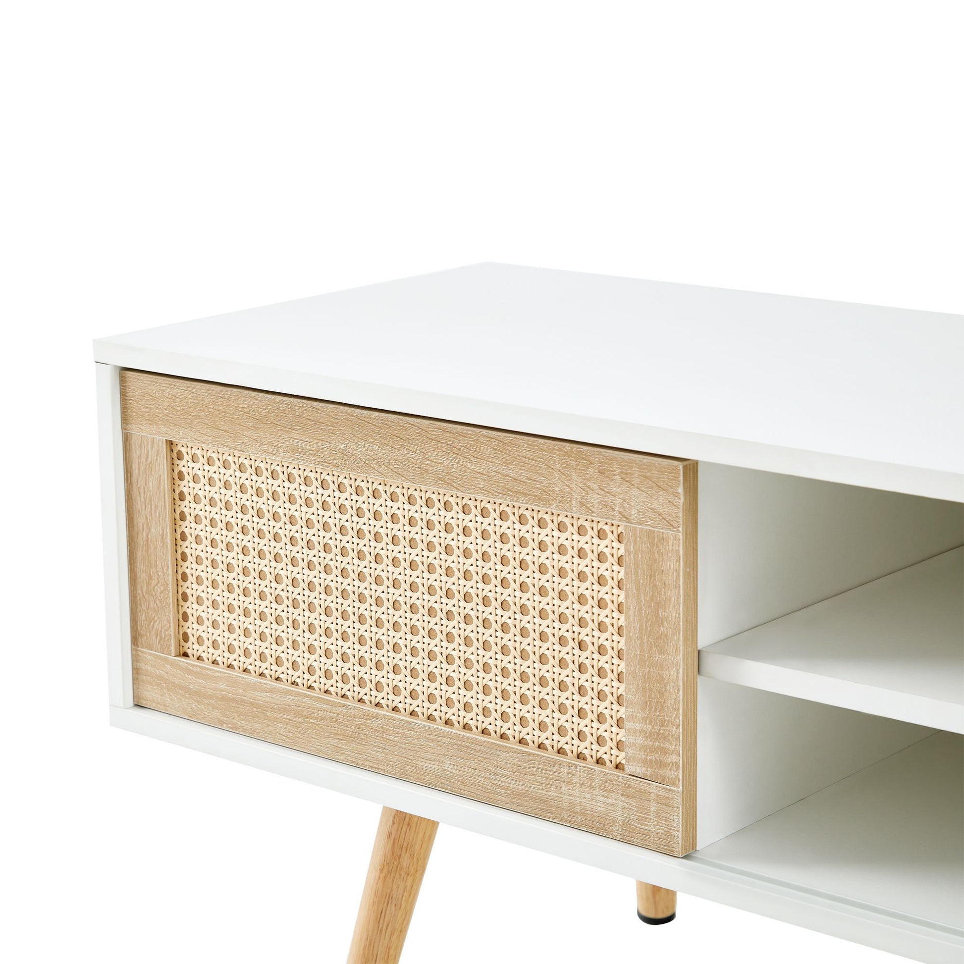 55.12" Rattan TV cabinet, double sliding doors for storage, adjustable shelf, solid wood legs, TV console for living roo image 17